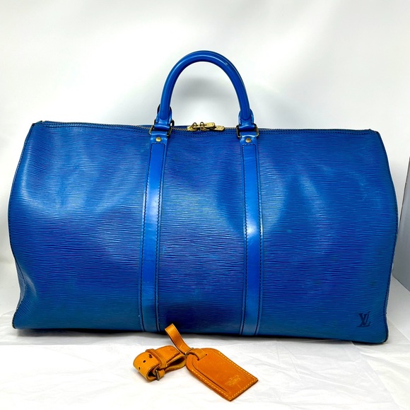 Louis Vuitton Vintage Unisex Keepall Blue Epi Leather Duffel Bag &3pc LuggageTag - Picture 1 of 8